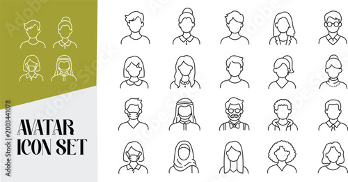 People avatar line icons. Vector illustration included icon as man, female, Muslim, senior, adult and young human outline pictogram for user profile. Editable Stroke, hand drawn avatar icon set