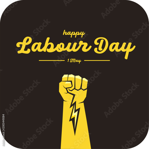 Happy Labour Day 1 May retro banner with raised fist icon on dark grey background. Modern graphic for May Day Workers Day celebrations, solidarity, and social media. Labour day square poster