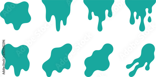 Collection of teal liquid splashes and drips in various shapes