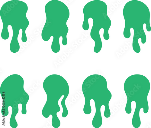 Eight green slime drips on a white background, varying shapes and