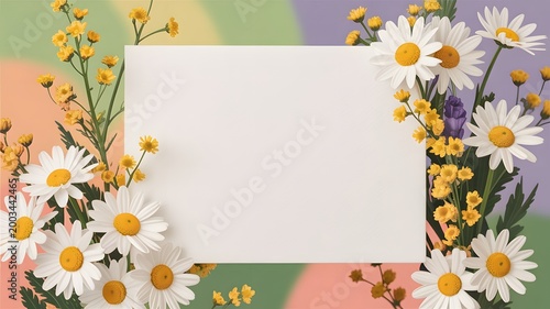 Beautiful Spring Daisy and Yellow Flower Border with Blank White Card for Text, Soft Pastel Gradient Background, Freshness, Nature's Bounty, Floral Arrangement, Copy Space, Greeting Card Design,