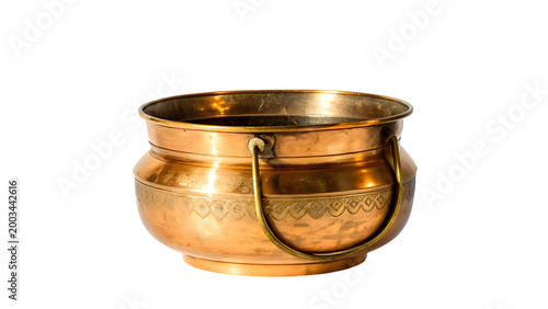antique copper cauldron with handle isolated on transparent background
