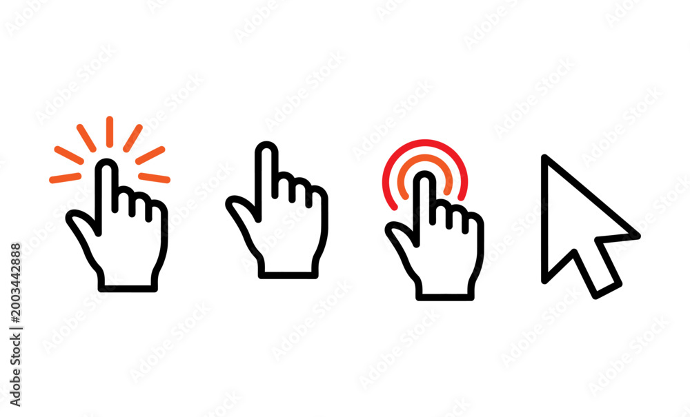 Fototapeta premium Clicking hand silhouette icons with cursor digital interaction elements