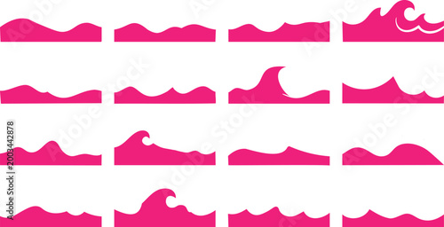 Set of pink wave in various styles and intensities waves ocean