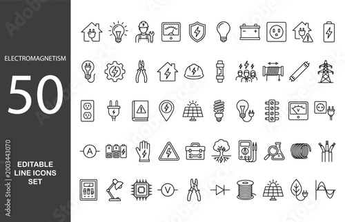 ELECTROMAGNETISM Line Editable Icons set. Vector illustration in modern thin line style of electrical energy related icons: electricity meter, electric cable, electrical panel, and more. 