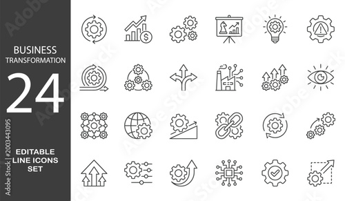 Business Transformation Line Editable Icons set. Vector illustration in modern thin style of business development related icons: innovation, strategy, optimization, and more. 