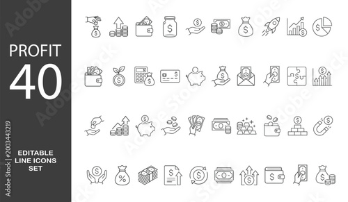 
Profit Line Editable Icons set. Vector illustration in modern thin line style of finance related icons: cash, income, savings, and more. Isolated on transparent background.

