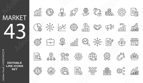 Market Editable Icons set. Vector illustration in modern thin line style of business related icons: company, budget, sales, and more. Isolated on transparent background.