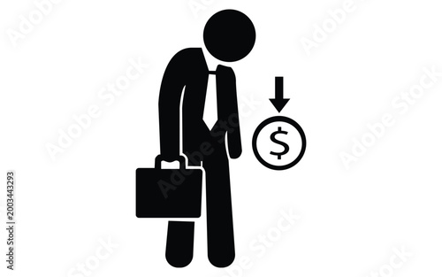Salary reduction concept with businessman and falling dollar symbol showing income decrease and pay cut