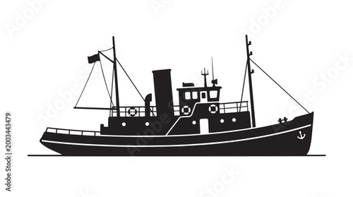 Vector silhouette of steamboat with paddlewheel and smokestack, historic river vessel landmark art