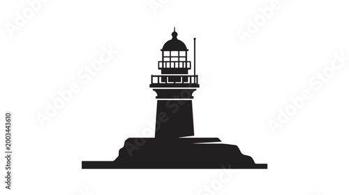 Vector silhouette of lighthouse on rocky base with lantern room and railing, coastal navigation landmark art
