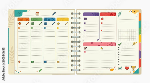 An open planner, vividly illustrated with colorful organizational tools and a clear schedule, captures the essence of efficient time management and goal-setting in a clean, inviting aesthetic. 