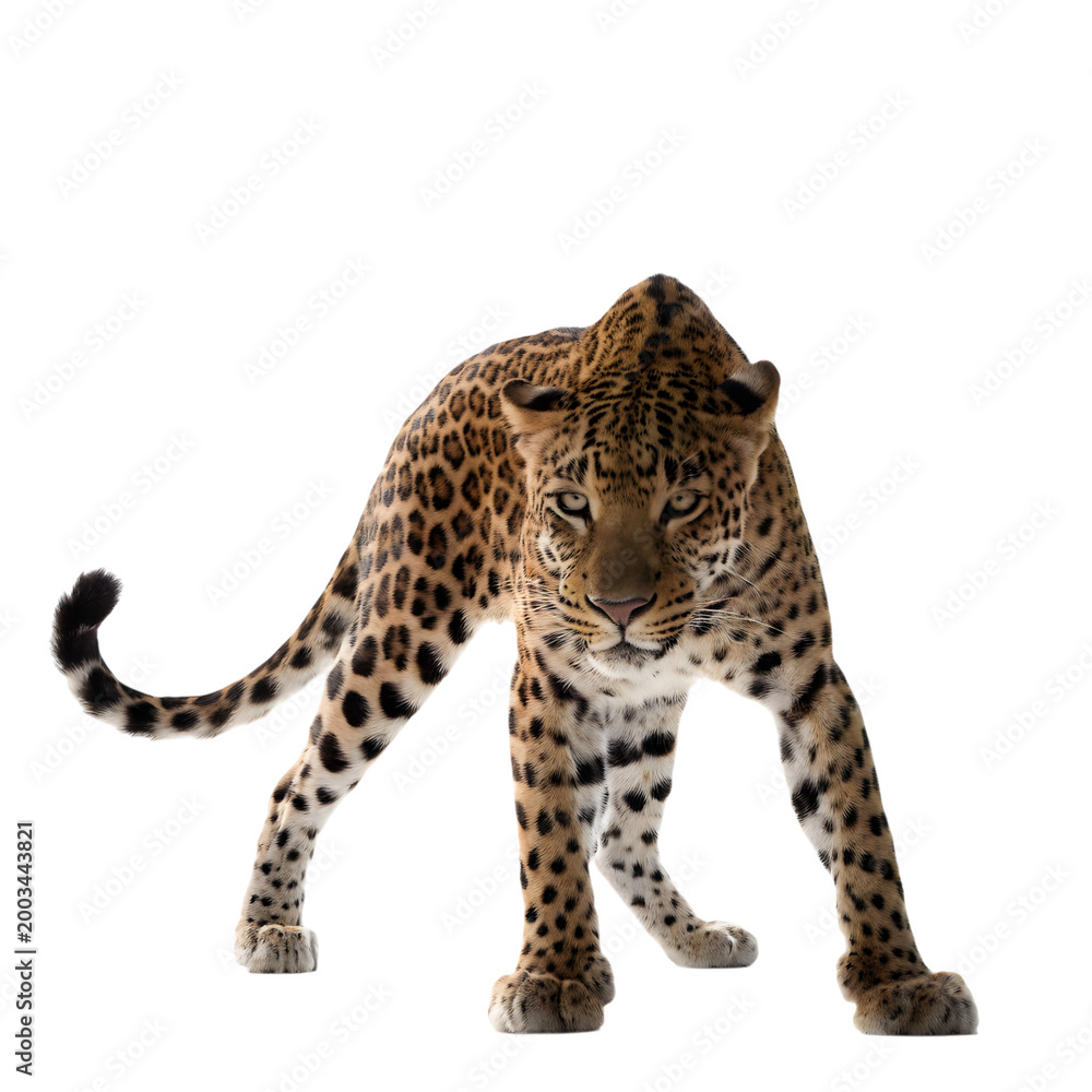 Fototapeta premium A fierce spotted leopard standing and looking at the camera isolated on transparent background