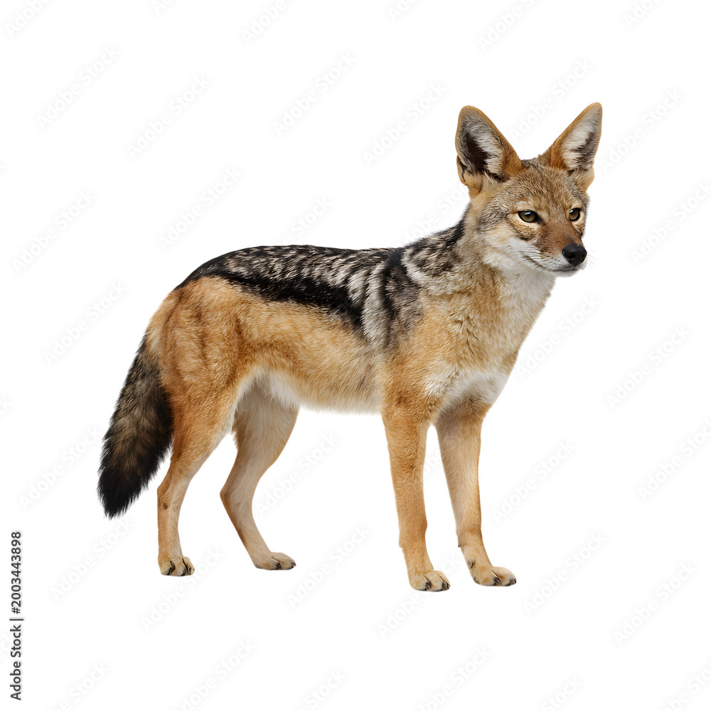 Obraz premium Full body standing black backed jackal side view isolated on transparent background