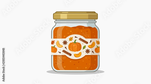 A beautifully illustrated jar of pumpkin preserves. A celebration of autumn flavors, perfect for adding warmth to any culinary creation. 