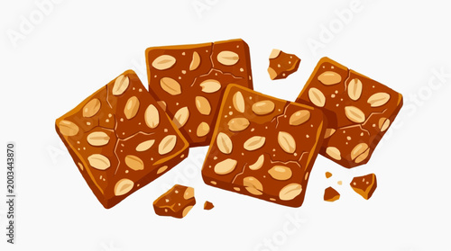 Delightful illustration of a peanut brittle, featuring square pieces of the sweet confection with generous inclusions of peanuts, artfully arranged to showcase its tempting texture.