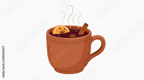 A visual of an aromatic winter drink in a ceramic mug, with an orange slice and cinnamon stick, hinting warmth and comfort