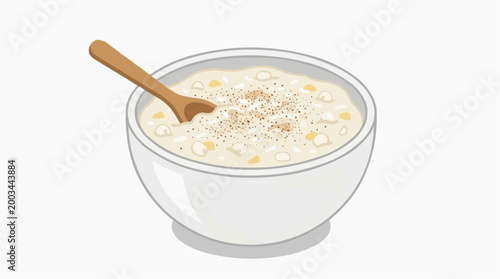 A simple ceramic bowl of oatmeal with a wooden spoon, evoking feelings of warmth, comfort, and nourishment.