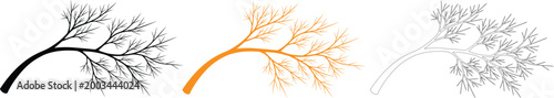 Set of three dill herb sprigs in different styles, featuring a solid black silhouette, an orange filled shape, and a thin black outline on a white background