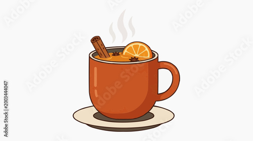 A comforting autumn beverage with steam rising gently from a rustic mug, garnished with a cinnamon stick and a slice of orange.