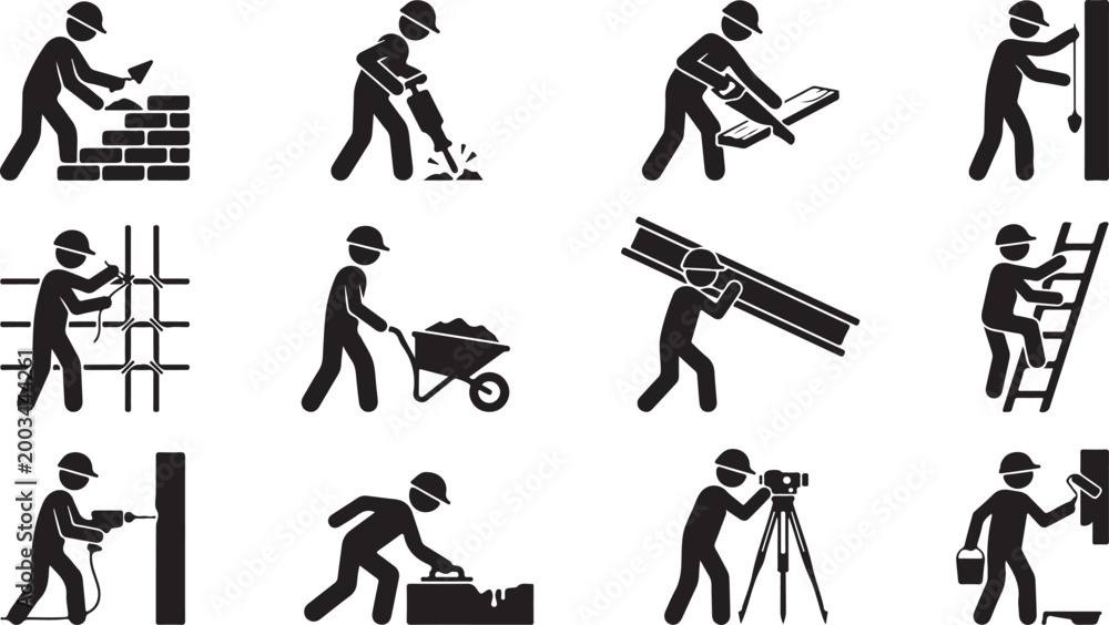 Fototapeta premium Construction Building Worker Silhouette Icons Set Site Work Tools Masonry Repair Vector Collection