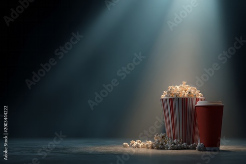 Popcorn Bucket and Soda Cup Glowing Under Cinema Spotlight in Dark Theater