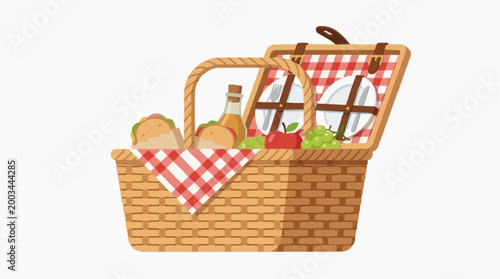 A delightful picnic basket overflows with an inviting array of treats, ready for a sunny outdoor meal. Filled with sandwiches, a fresh apple, a refreshing bottle of drink and grapes.