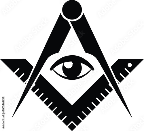 Freemasonry symbol with square, compass, and all seeing eye, masonic occult mystery vector illustration
