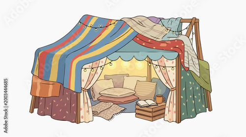 A charming, handcrafted indoor fort invites imaginative play, showcasing cozy comfort with soft cushions, twinkling fairy lights, and open books, evoking a sense of childlike wonder and adventure. 