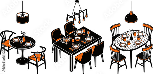 Bold Orange Dining Room Silhouette Set Vector