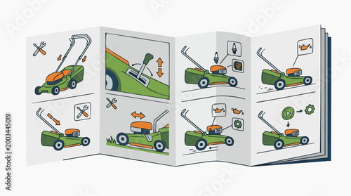 Illustrated instructions showing the correct steps to operate a lawnmower, covering maintenance, and mowing processes in a detailed graphic.