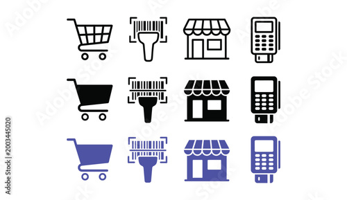 Shopping and retail icon set, vector elements for e-commerce, black and purple store symbols including shopping cart, barcode scanner, and pos terminal