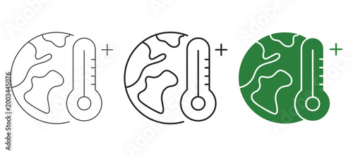 Climate change temperature web line and solid icon set with earth, thermometer, global warming, environment and heat measurement concept. Editable stroke