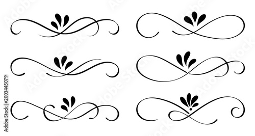 Set of Vintage Calligraphic Flourish Dividers, Swirl Curls Ornaments, Elegant Decorative Line Scroll Elements for Wedding Invitation, Certificate, Typography Design