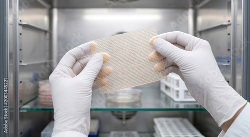 Scientist holding medical mesh sample in sterile laboratory environment for advanced tissue engineering.
