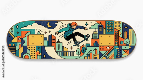 A vibrant skateboard with intricate cityscape art showcases an urban adventure and dynamic lifestyle. The design captures the thrill of skateboarding in an illustrated style.