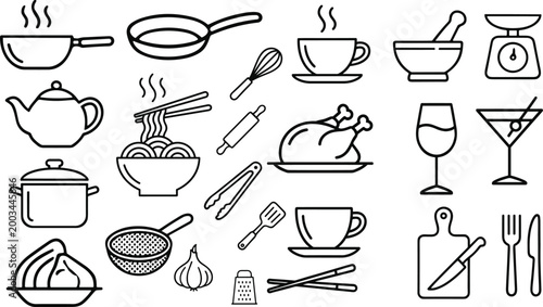 Cooking and kitchen utensils icon set with cookware food preparation tools and dining elements vector illustration