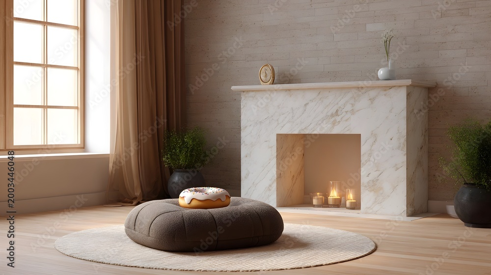 Fototapeta premium A cozy and modern interior setting featuring a fireplace potted plants and a decorative donut on a neutral pouf