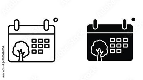 Minimalist calendar icon with tree illustration
