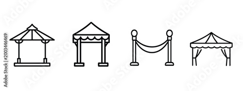 Gazebo event tent web line icons set outdoor party pavilion canopy & more vector illustration with editable stroke