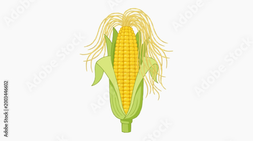 A vibrant close-up illustration of a fresh, ripe ear of corn, showcasing its kernels, husks, and silk in a photorealistic style.