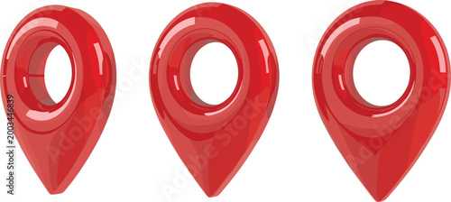 Set of red glossy map pointer icons, 3D location pin vector for navigation and travel destination