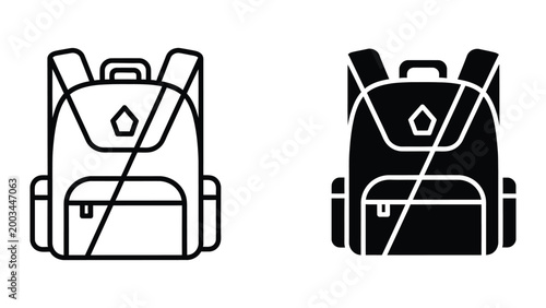 Black and white backpack icon with geometric logo