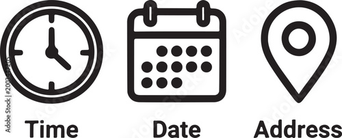 Time, date, and location icons set vector illustration of clock, calendar, and map pin symbols