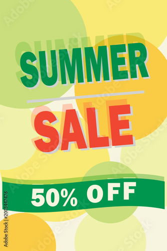 A vibrant advertising banner with the words SUMMER SALE and a 50% OFF promotion. The design features rich summer colors of green, yellow, and orange.