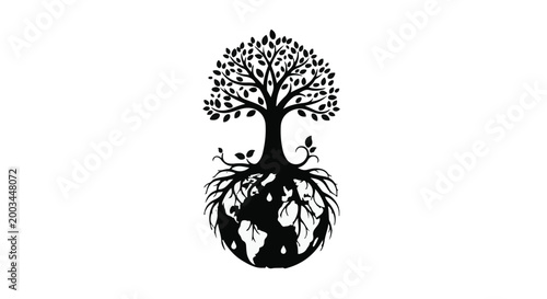 Tree roots growing into a world globe represent environmental sustainability and global ecological health.
