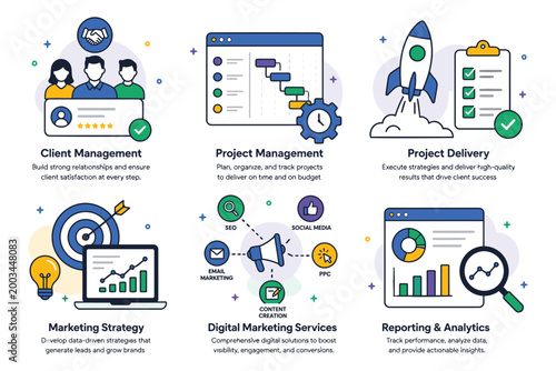 Six colorful flat icons illustrating business management processes