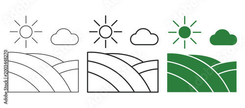 Agriculture landscape field web line and solid icon set with farm, sun, cloud, land and rural environment concept. Editable stroke