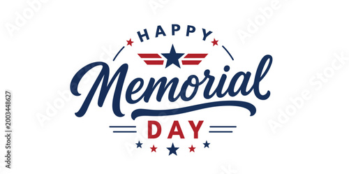 Happy Memorial Day typography badge logo with stars and stripes design for stickers and patriotic branding