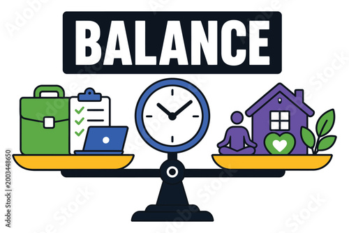 Work-life balance illustration with clock on scale